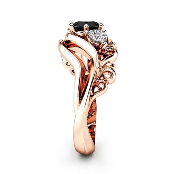 New Rose Gold Plated Unique Black Stone Prong Setting Twist Band Sapphire Ring - Picture 3 of 13